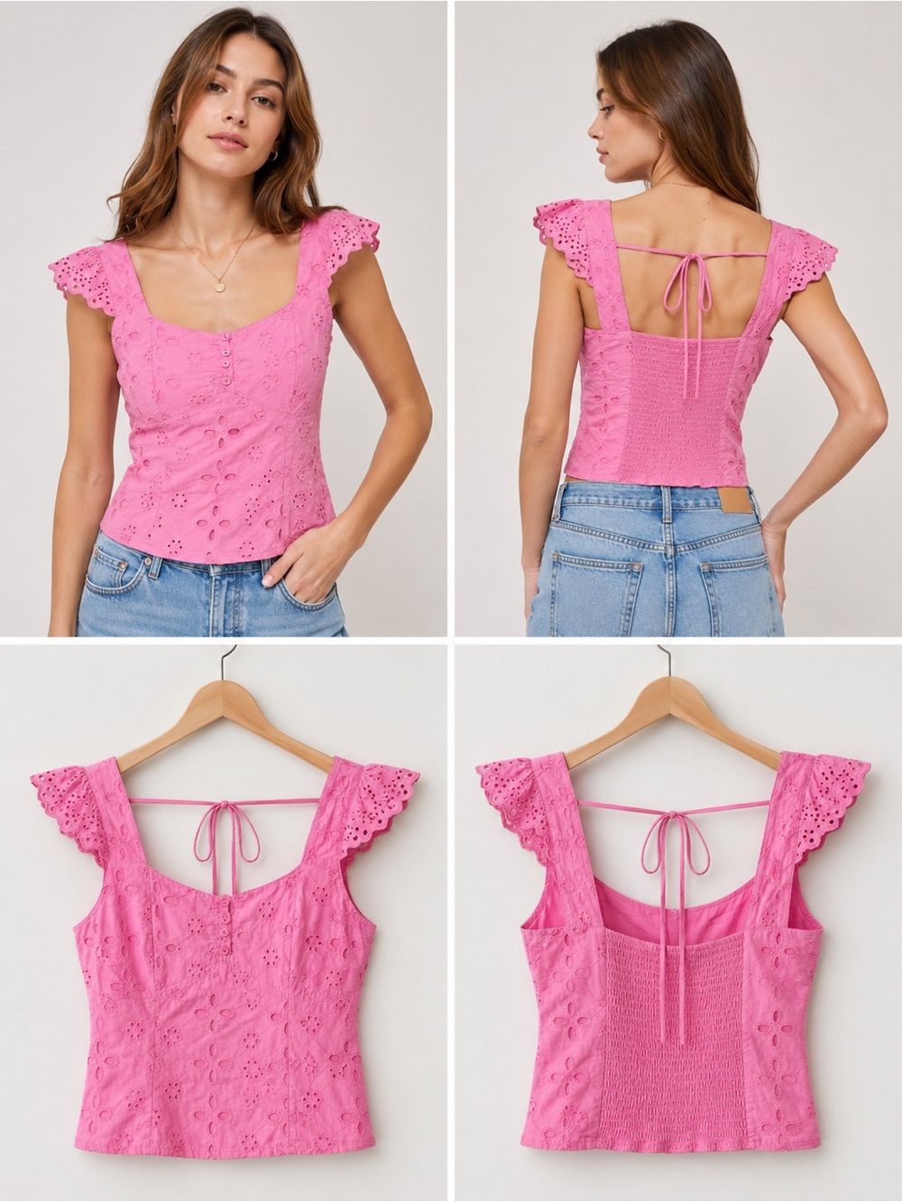Mustard Seed Pink Eyelet Cap Sleeve Square Neck Top